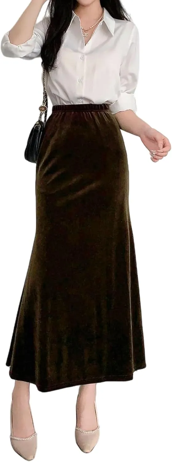 Women's Fall Winter Elastic High Waist Velvet Midi Long Pleated Mermaid Flowy Swing Ruffled A-line Maxi Skirt