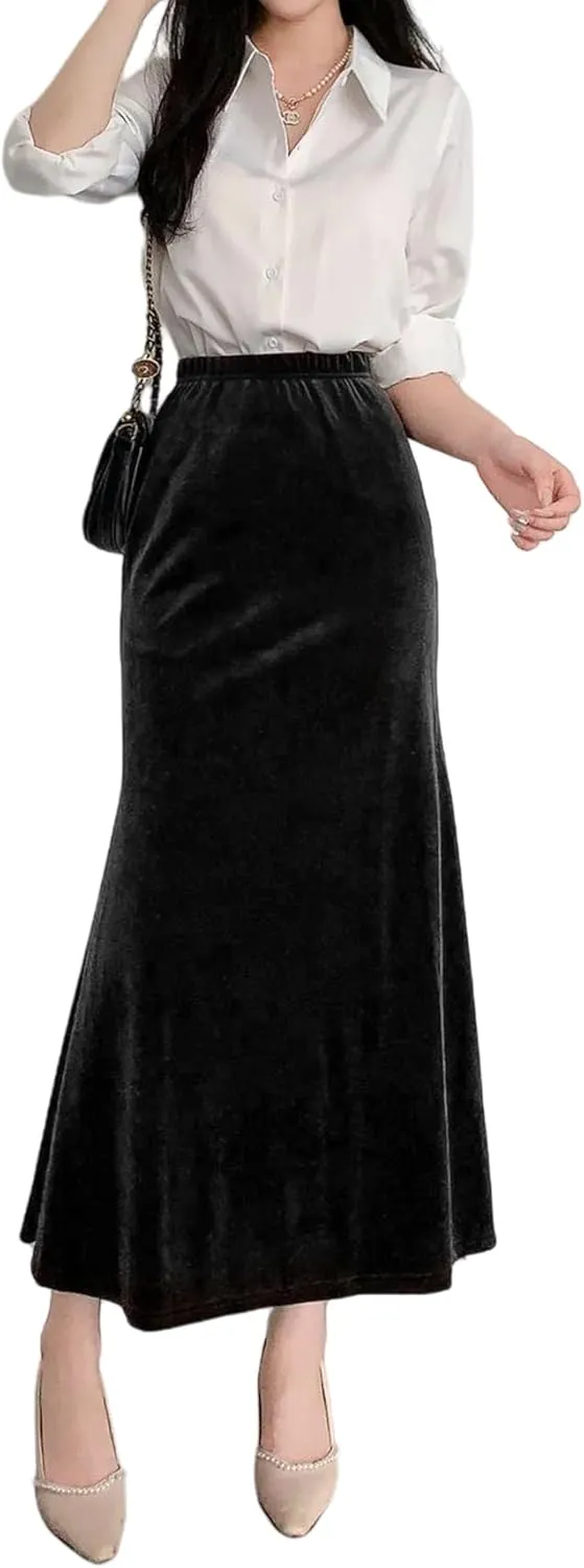 Women's Fall Winter Elastic High Waist Velvet Midi Long Pleated Mermaid Flowy Swing Ruffled A-line Maxi Skirt