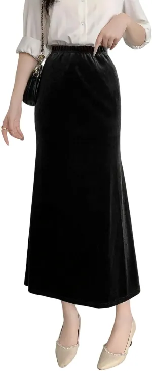 Women's Fall Winter Elastic High Waist Velvet Midi Long Pleated Mermaid Flowy Swing Ruffled A-line Maxi Skirt