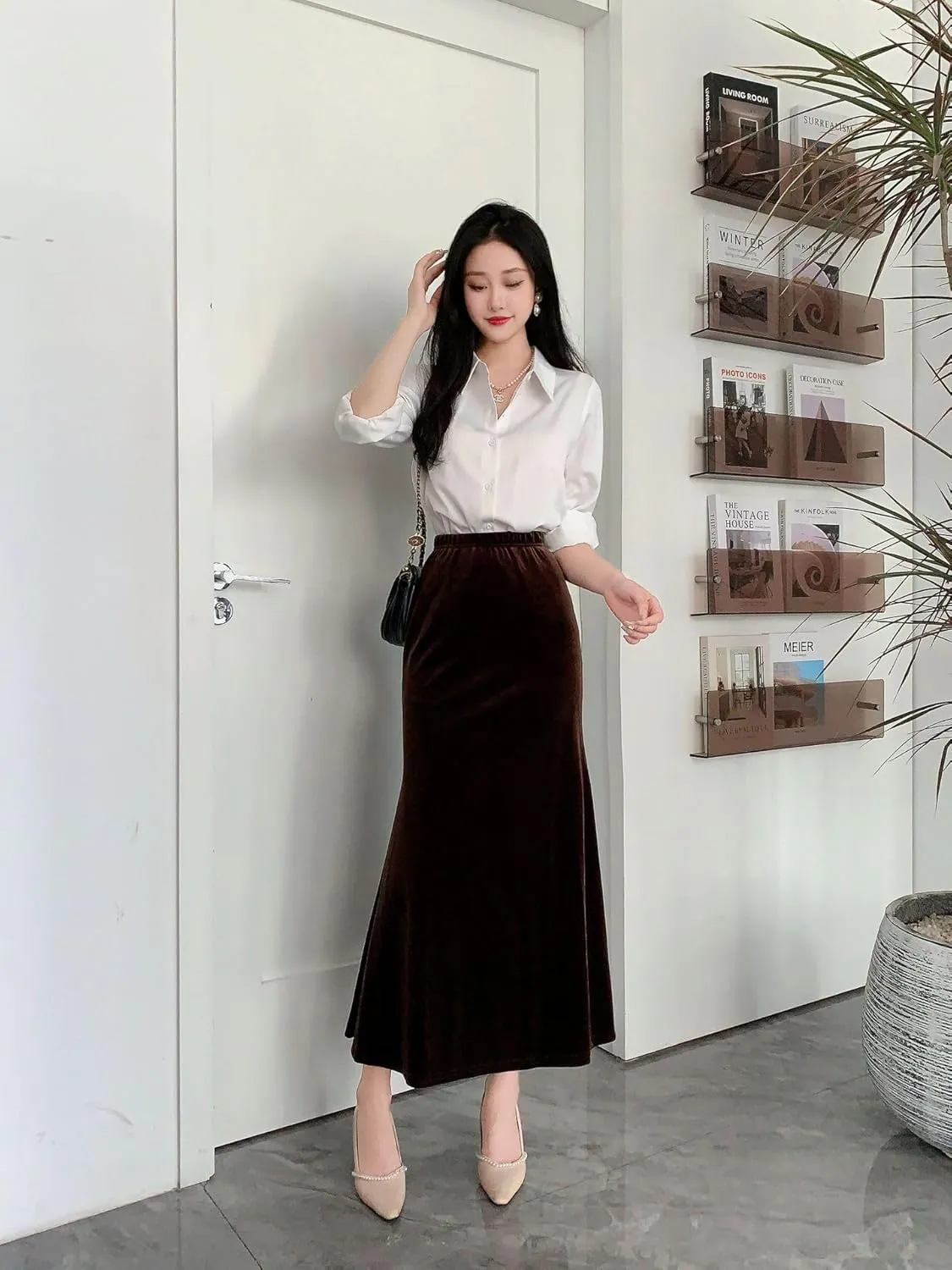 Women's Fall Winter Elastic High Waist Velvet Midi Long Pleated Mermaid Flowy Swing Ruffled A-line Maxi Skirt