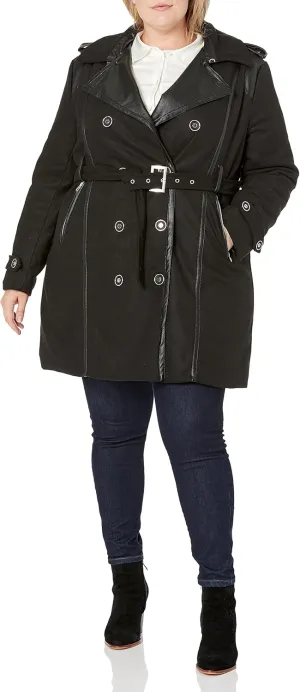 Women's Fashion Double Breasted Pea Coat with Faux Leather Trim