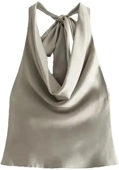 Women's Flowing Draped Halter Neck Tank Top with Bow Tied Backless Sleeveless Camisole
