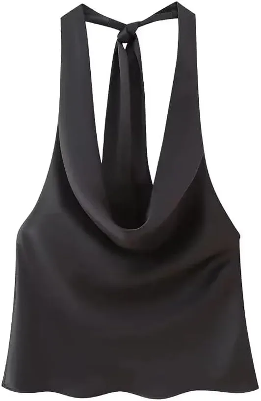 Women's Flowing Draped Halter Neck Tank Top with Bow Tied Backless Sleeveless Camisole