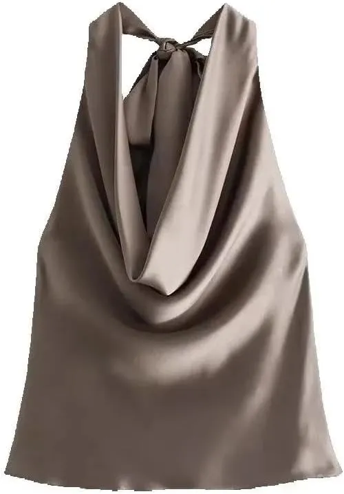 Women's Flowing Draped Halter Neck Tank Top with Bow Tied Backless Sleeveless Camisole