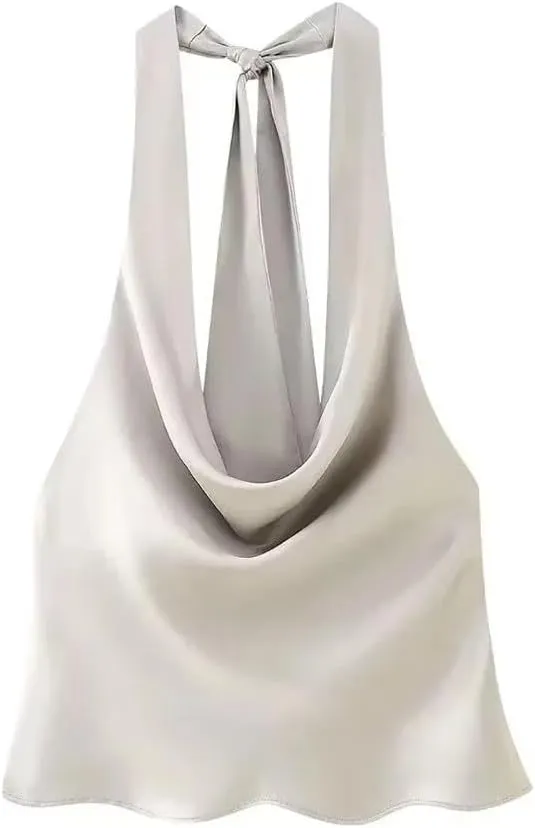 Women's Flowing Draped Halter Neck Tank Top with Bow Tied Backless Sleeveless Camisole