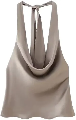Women's Flowing Draped Halter Neck Tank Top with Bow Tied Backless Sleeveless Camisole