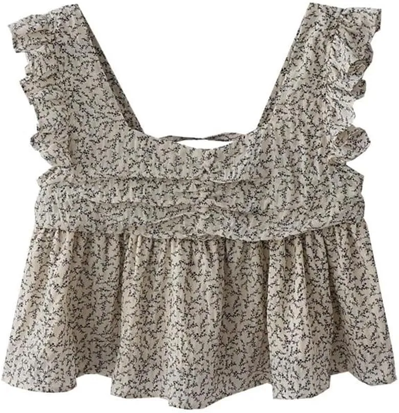 Women's French Back Strap Small Camisole Women's Summer Square Neck Flying Sleeve Printed Short Camisole