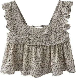 Women's French Back Strap Small Camisole Women's Summer Square Neck Flying Sleeve Printed Short Camisole