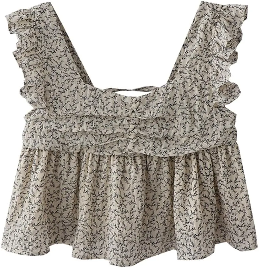 Women's French Back Strap Small Camisole Women's Summer Square Neck Flying Sleeve Printed Short Camisole