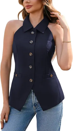 Womens Halter Neck Vest Lapel Collar Button Down Sleeveless Waistcoat Tunic Top with Pockets