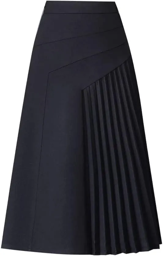Womens High Waist Midi Long Pleated Skirt A Line Swing Skirt in Winter (Large,Black,Large)