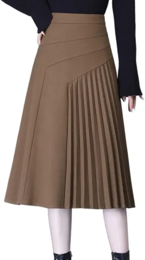 Womens High Waist Midi Long Pleated Skirt A Line Swing Skirt in Winter (Medium,Brown,Medium)