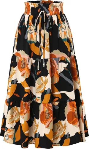 Womens High Waist Skirts Pleated Skirt Elastic Waist A-Line Midi Length Skirt Boho Floral Print Skirt with Drawstring