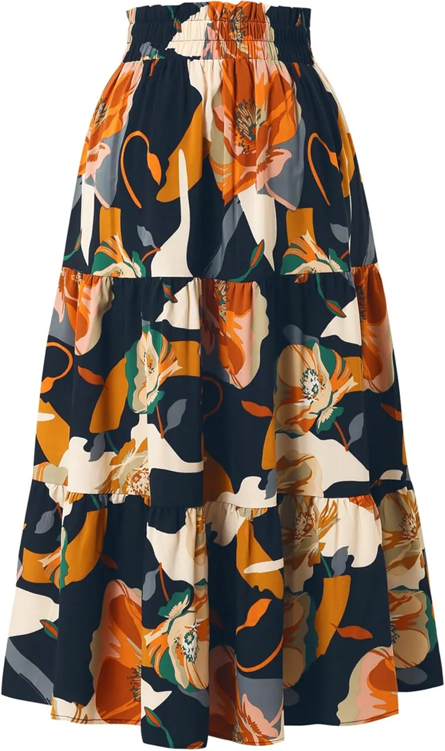 Womens High Waist Skirts Pleated Skirt Elastic Waist A-Line Midi Length Skirt Boho Floral Print Skirt with Drawstring