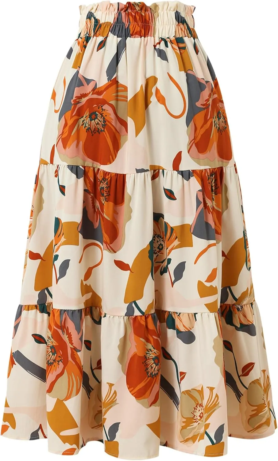 Womens High Waist Skirts Pleated Skirt Elastic Waist A-Line Midi Length Skirt Boho Floral Print Skirt with Drawstring