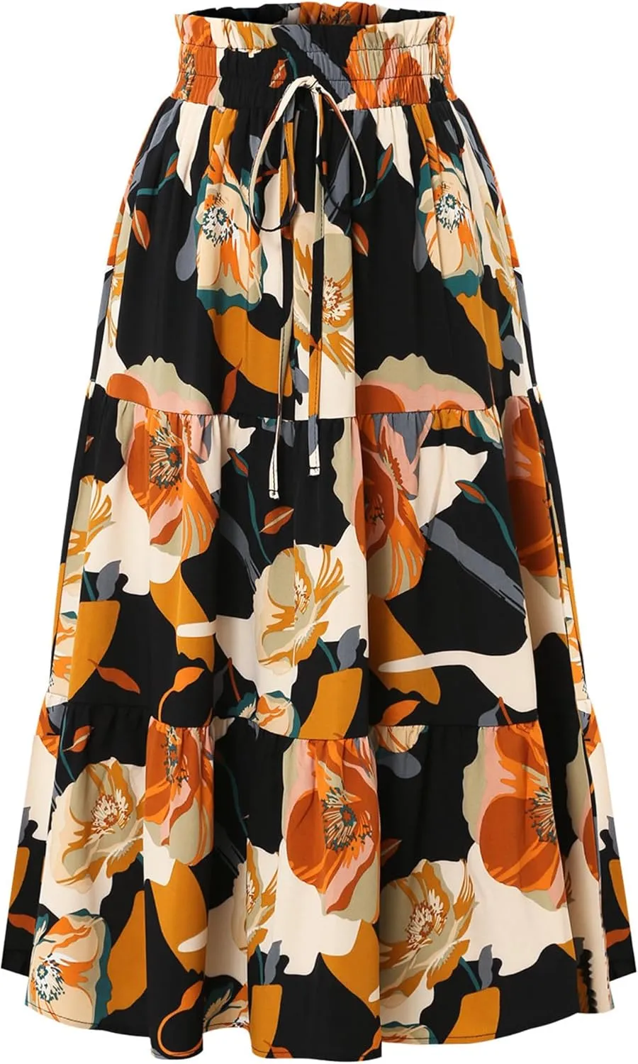 Womens High Waist Skirts Pleated Skirt Elastic Waist A-Line Midi Length Skirt Boho Floral Print Skirt with Drawstring