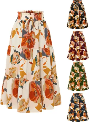Womens High Waist Skirts Pleated Skirt Elastic Waist A-Line Midi Length Skirt Boho Floral Print Skirt with Drawstring