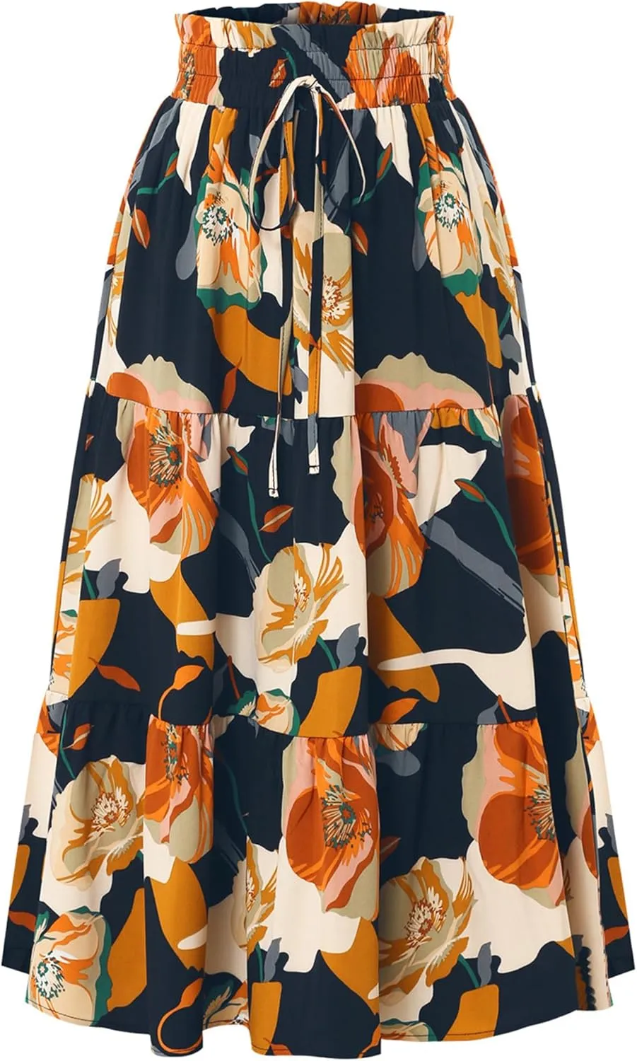 Womens High Waist Skirts Pleated Skirt Elastic Waist A-Line Midi Length Skirt Boho Floral Print Skirt with Drawstring