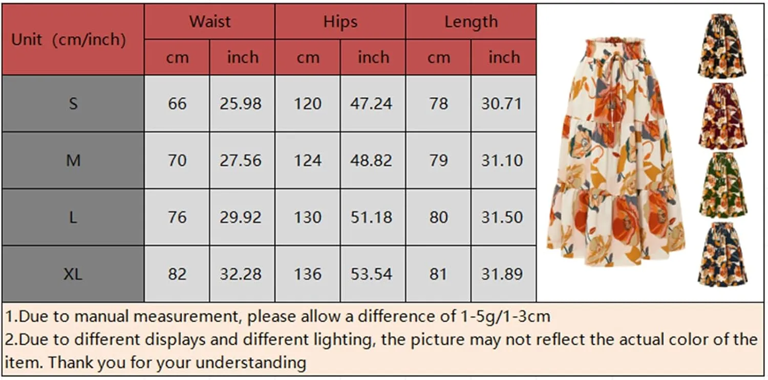Womens High Waist Skirts Pleated Skirt Elastic Waist A-Line Midi Length Skirt Boho Floral Print Skirt with Drawstring