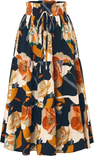 Womens High Waist Skirts Pleated Skirt Elastic Waist A-Line Midi Length Skirt Boho Floral Print Skirt with Drawstring