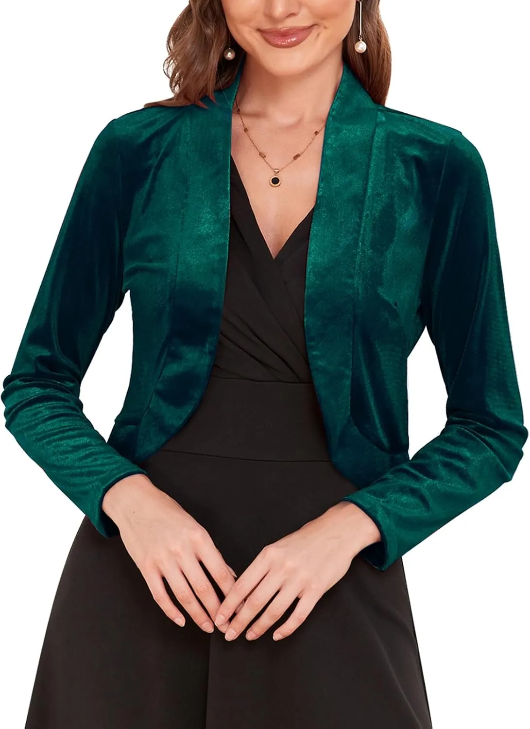 Women's Long Sleeve Velvet Shrug for Dresses Cocktail Party Open Front Cropped Bolero Cardigan Top