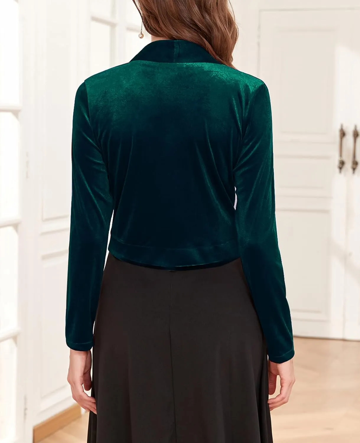 Women's Long Sleeve Velvet Shrug for Dresses Cocktail Party Open Front Cropped Bolero Cardigan Top