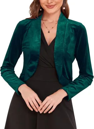 Women's Long Sleeve Velvet Shrug for Dresses Cocktail Party Open Front Cropped Bolero Cardigan Top