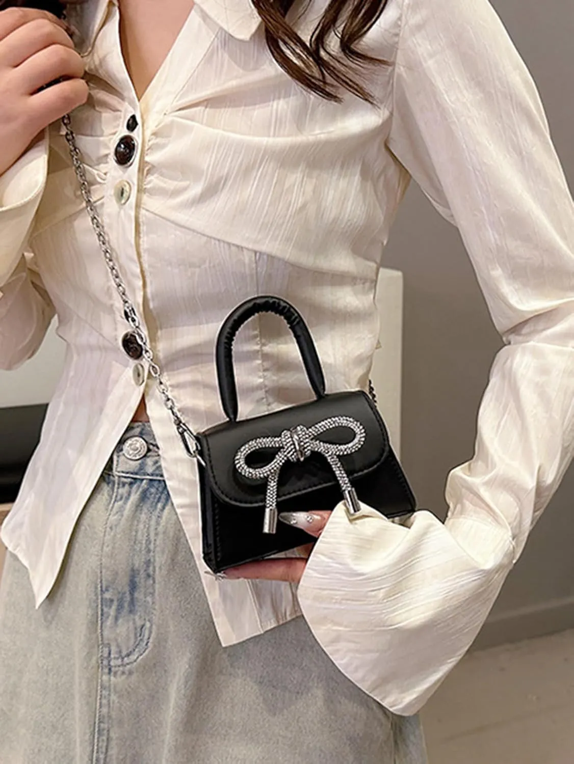Women's Mini Clutch Handbags Bow Y2K PU Leather Cute Small Crossbody Saddle Bags With Chain