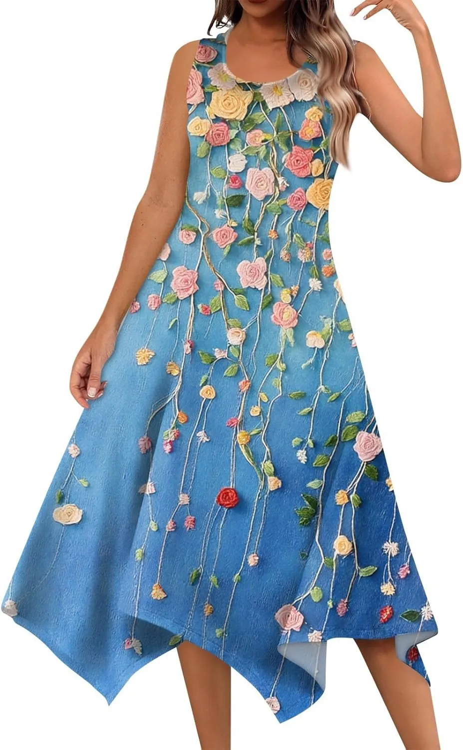 Womens Off Shoulder Sleeveless Midi Sundresses Smocked Flowy A Line Dress Formal Plus Size Casual Floral Tank Dress