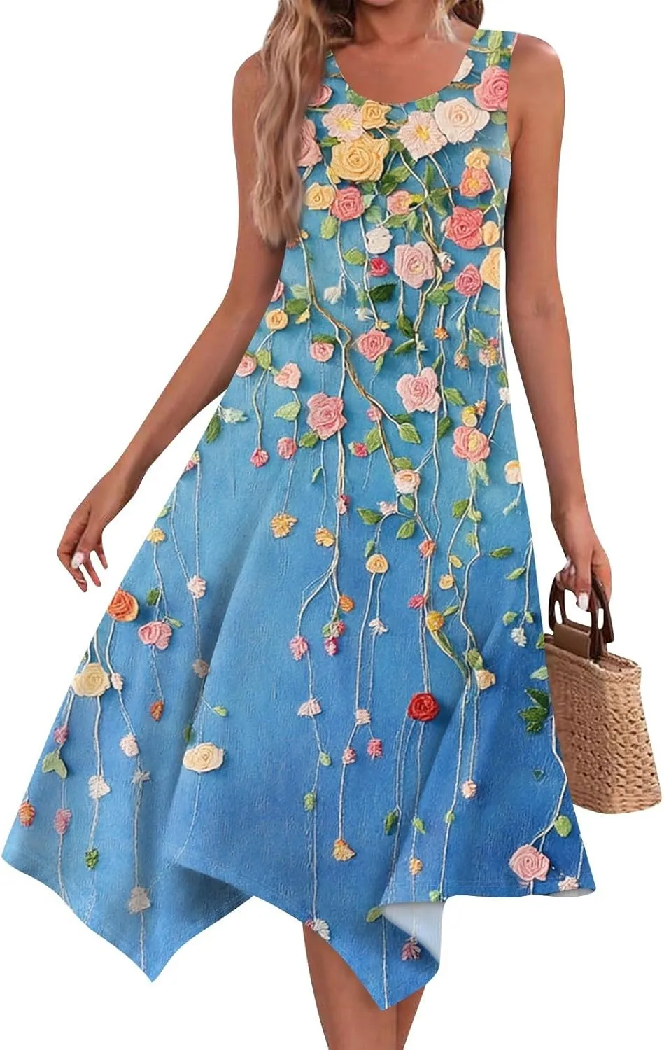 Womens Off Shoulder Sleeveless Midi Sundresses Smocked Flowy A Line Dress Formal Plus Size Casual Floral Tank Dress