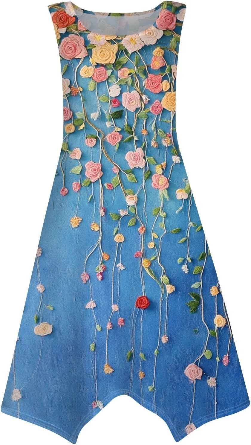 Womens Off Shoulder Sleeveless Midi Sundresses Smocked Flowy A Line Dress Formal Plus Size Casual Floral Tank Dress