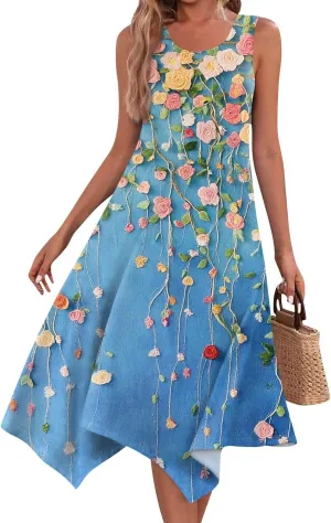 Womens Off Shoulder Sleeveless Midi Sundresses Smocked Flowy A Line Dress Formal Plus Size Casual Floral Tank Dress