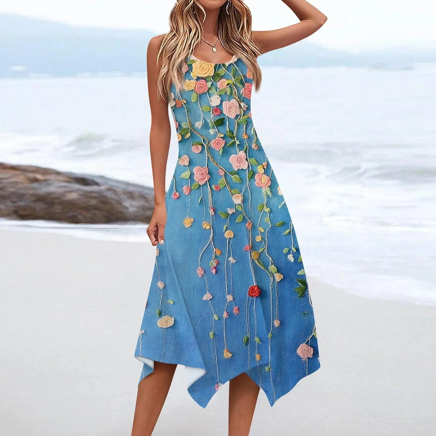 Womens Off Shoulder Sleeveless Midi Sundresses Smocked Flowy A Line Dress Formal Plus Size Casual Floral Tank Dress