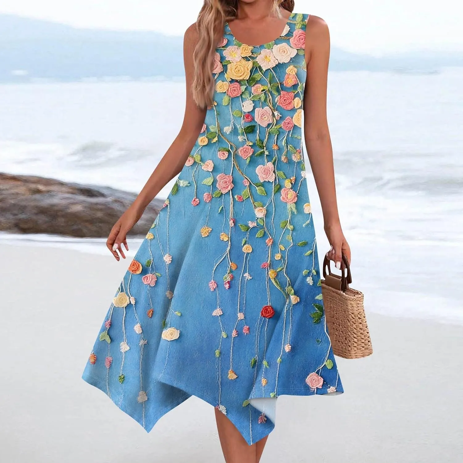 Womens Off Shoulder Sleeveless Midi Sundresses Smocked Flowy A Line Dress Formal Plus Size Casual Floral Tank Dress