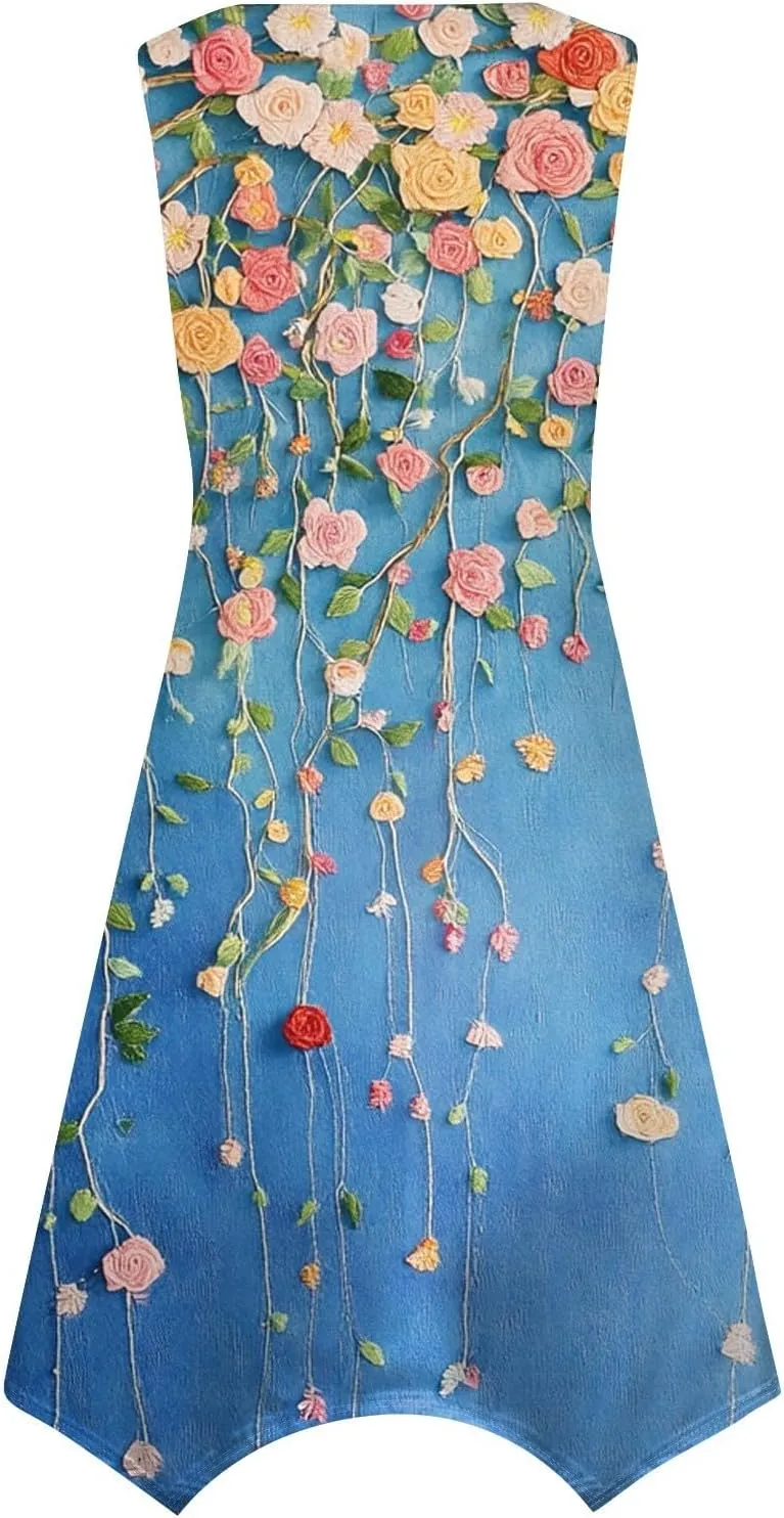Womens Off Shoulder Sleeveless Midi Sundresses Smocked Flowy A Line Dress Formal Plus Size Casual Floral Tank Dress