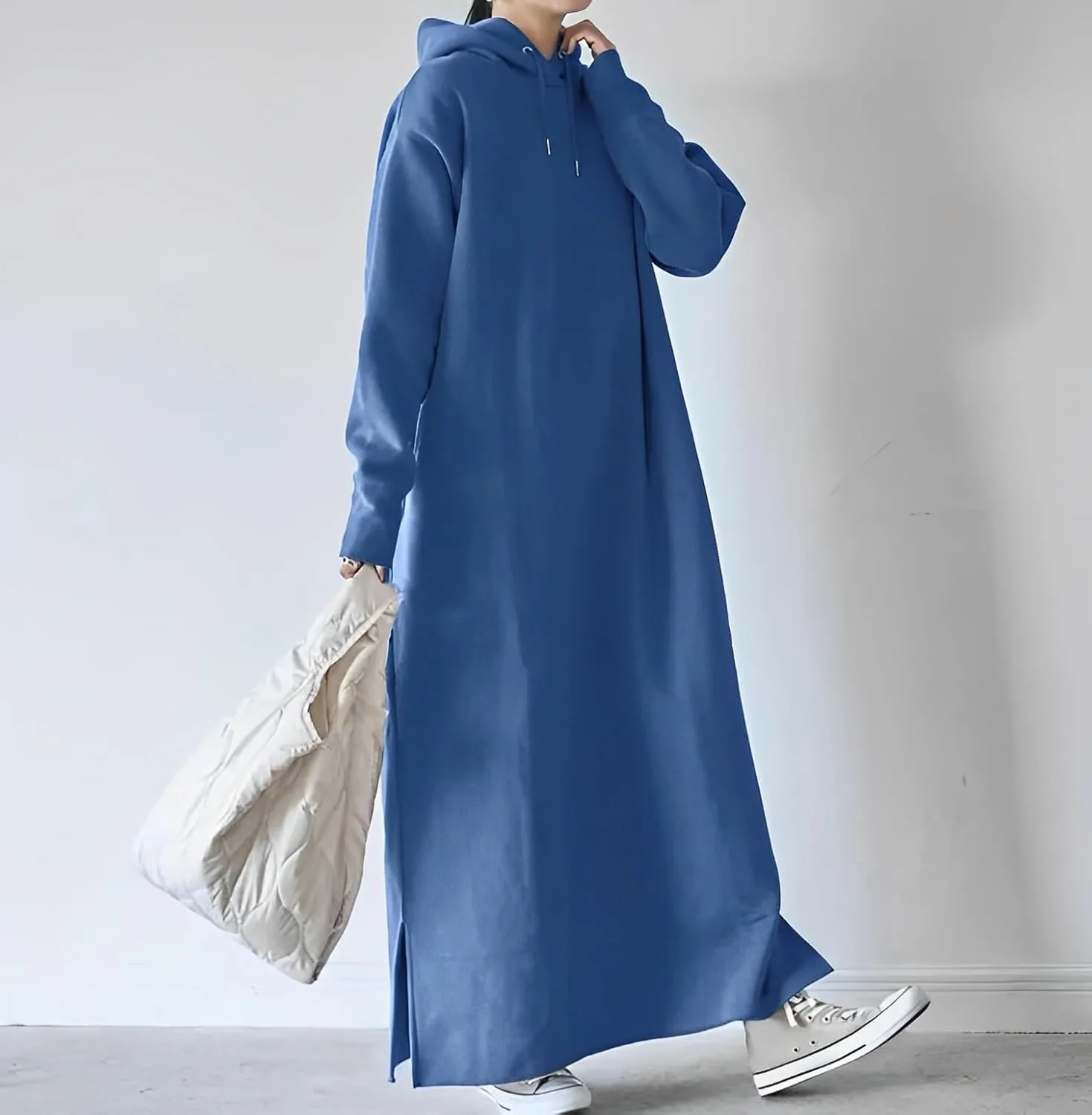 Women's Oversized Long Sleeve Fleece Pullover Hoodie Casual Split Hem Warm Hooded Sweatshirt Maxi Dress with 2 Pockets