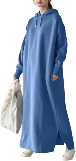 Women's Oversized Long Sleeve Fleece Pullover Hoodie Casual Split Hem Warm Hooded Sweatshirt Maxi Dress with 2 Pockets