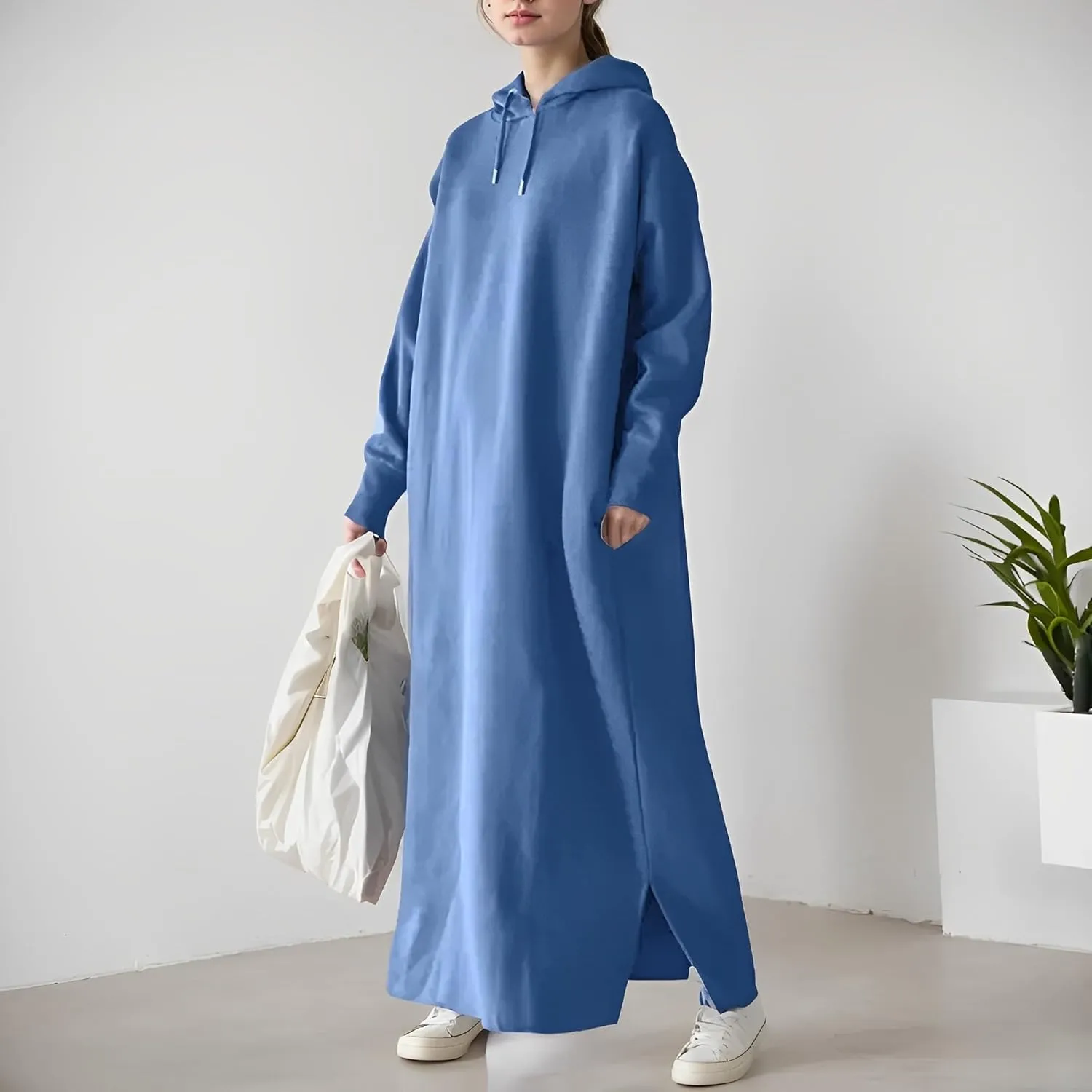 Women's Oversized Long Sleeve Fleece Pullover Hoodie Casual Split Hem Warm Hooded Sweatshirt Maxi Dress with 2 Pockets