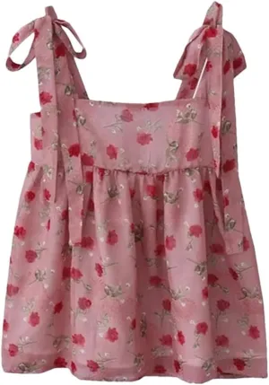 Women's Retro Rose Print Loose Strappy Camisole Summer Bow Camisole