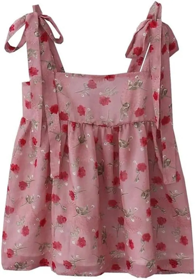 Women's Retro Rose Print Loose Strappy Camisole Summer Bow Camisole