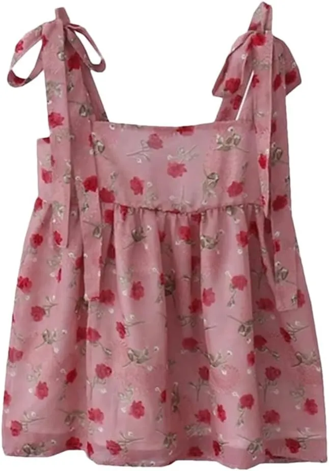 Women's Retro Rose Print Loose Strappy Camisole Summer Bow Camisole