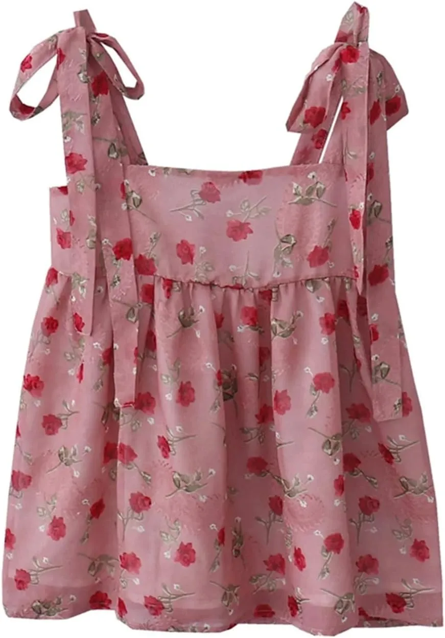 Women's Retro Rose Print Loose Strappy Camisole Summer Bow Camisole
