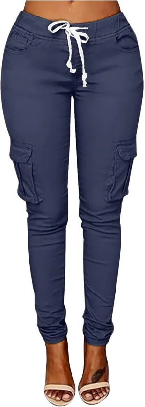 Womens Skinny Cargo Pants Casual Drawstring High Waist Stretch Cargo Joggers Butt Lift Pencil Trousers with Pockets