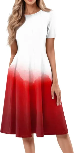 Womens Summer Midi Dress Short Sleeve Casual Plus Size A Line Elegant Formal Smocked Flowy Floral Knee Length Dress