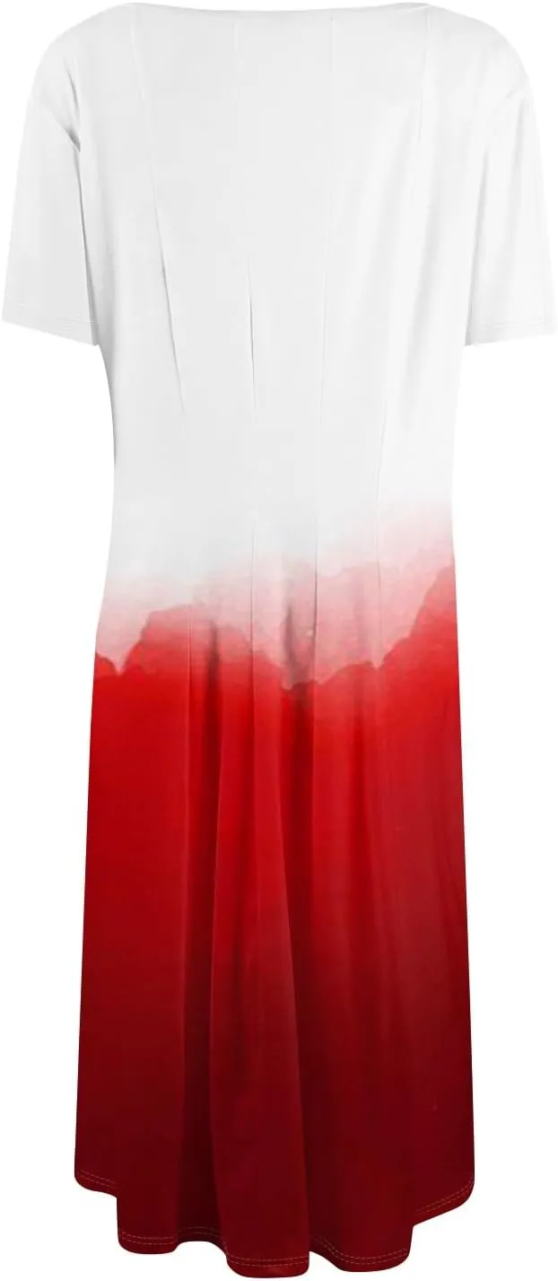 Womens Summer Midi Dress Short Sleeve Casual Plus Size A Line Elegant Formal Smocked Flowy Floral Knee Length Dress