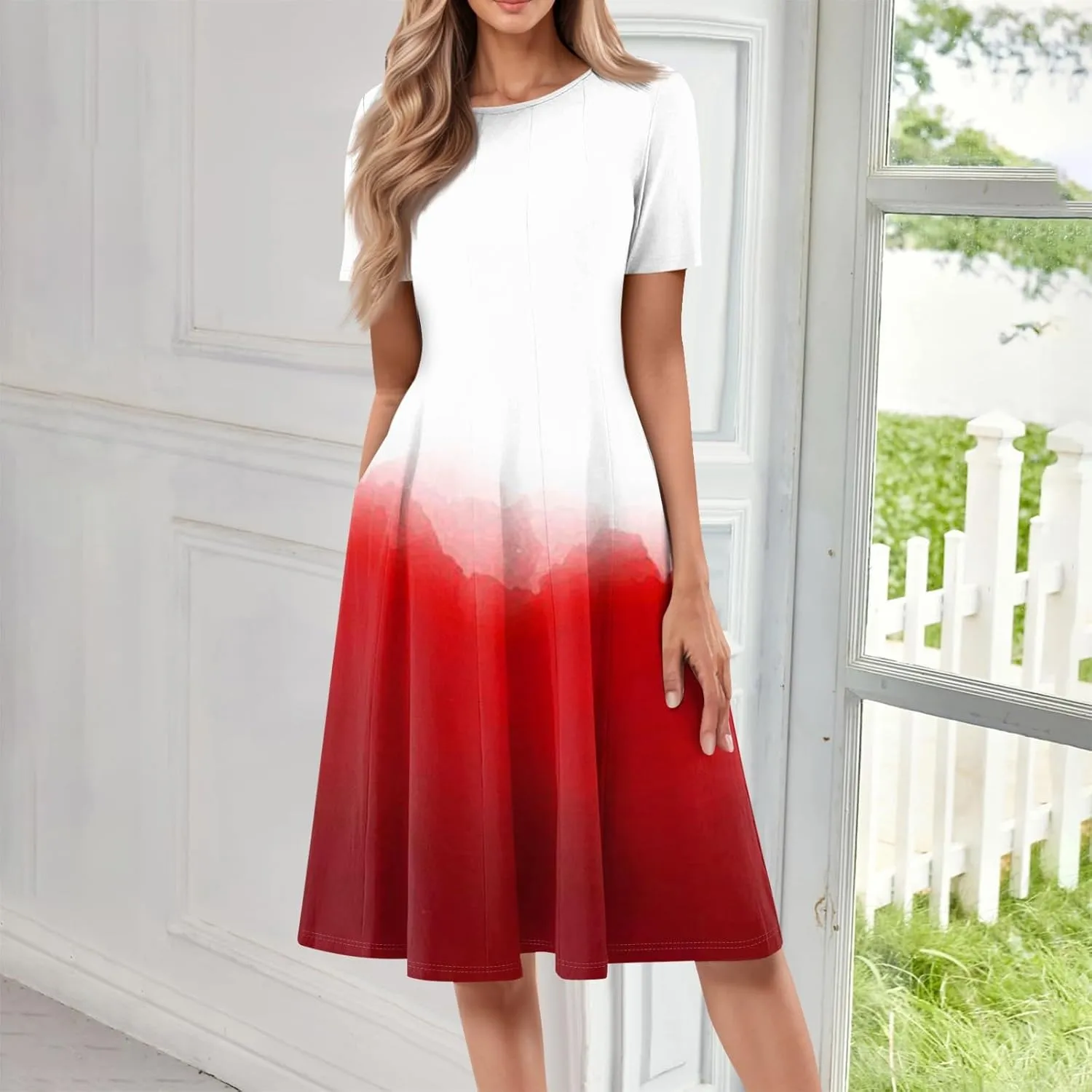 Womens Summer Midi Dress Short Sleeve Casual Plus Size A Line Elegant Formal Smocked Flowy Floral Knee Length Dress