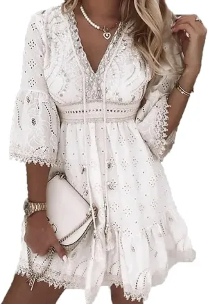 Women's Summer Slip Fringe Boho Maxi Dress Lace Up Tassel V Neck Flare Wedding Beach Eyelet Dresses Holiday Outfit