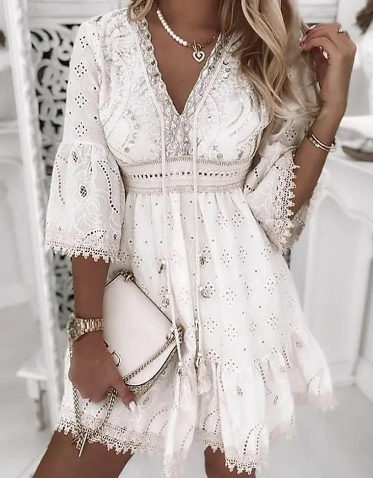 Women's Summer Slip Fringe Boho Maxi Dress Lace Up Tassel V Neck Flare Wedding Beach Eyelet Dresses Holiday Outfit