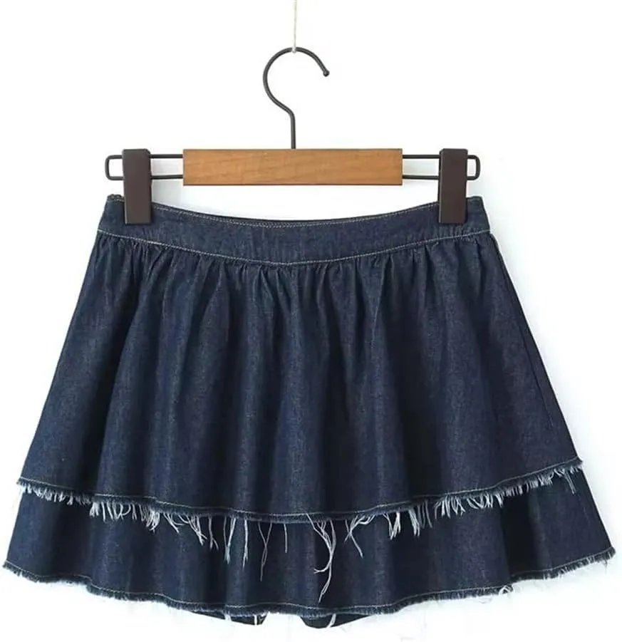 Women's Summer Vintage Layered Denim Mini Skirt with Side Zipper and High-Waisted A-Line Design