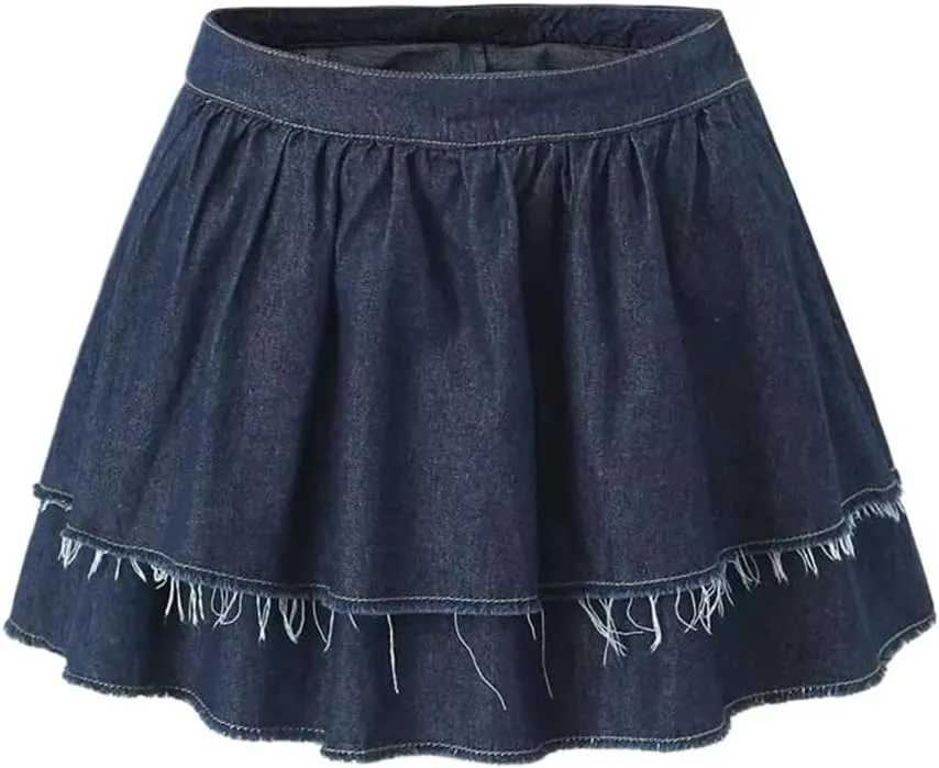 Women's Summer Vintage Layered Denim Mini Skirt with Side Zipper and High-Waisted A-Line Design